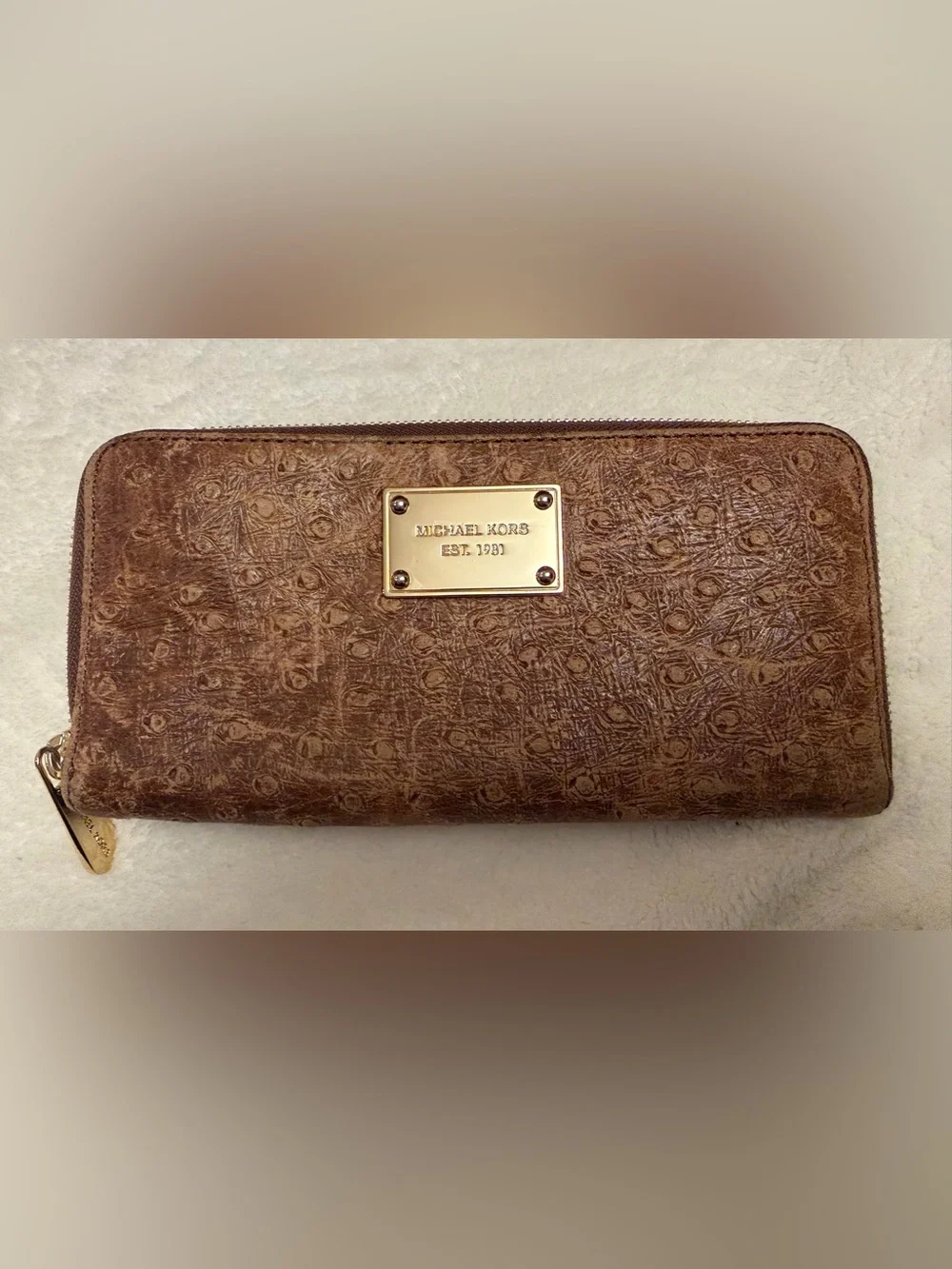 Michael Kors Hamilton Ostrich Embossed Satchel Bag & Zip Wallet Set Brown Tan